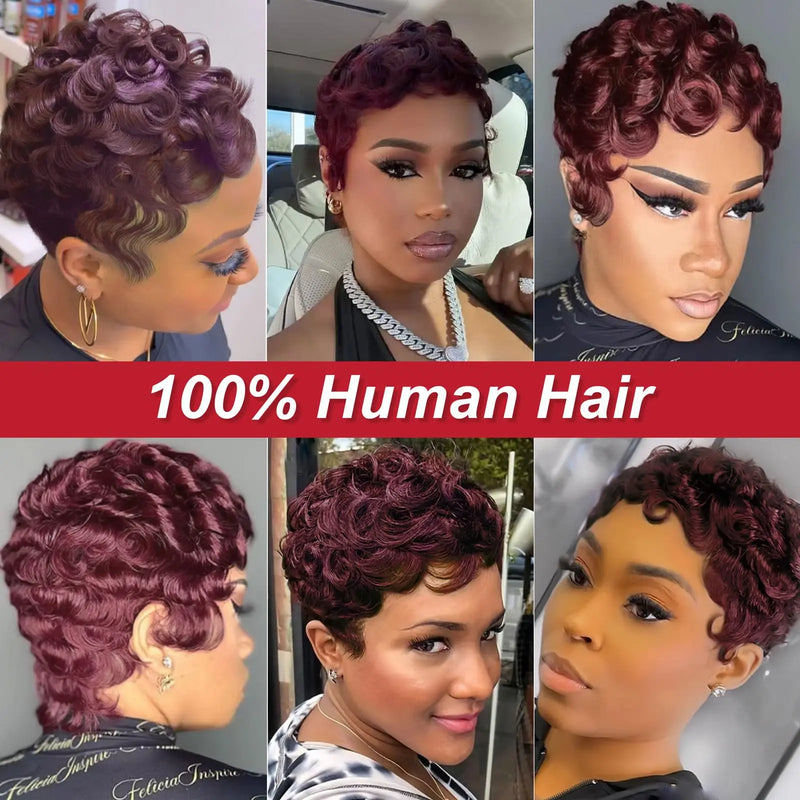 613 Honey Blonde Curly Pixie Cut Wig 100% Human Hair with Bangs Short Curly Human Hair Wigs for Women Machine Made