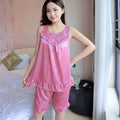 YINSILAIBEI Embroidery Ice Silk Satin Pajamas for Women Sexy Pajamas Set with Shorts Plus Size Satin Sleepwear Female