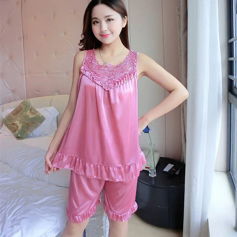 YINSILAIBEI Embroidery Ice Silk Satin Pajamas for Women Sexy Pajamas Set with Shorts Plus Size Satin Sleepwear Female