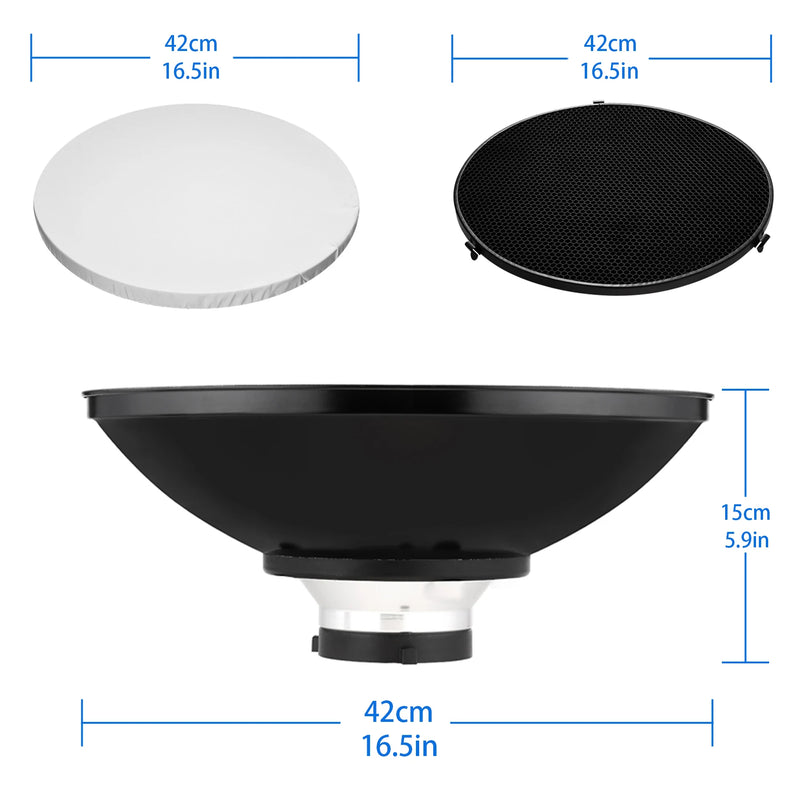 Selens Reflector Beauty Dish 42cm/16.5in Honeycomb Grid and Diffuser Kit for Bowens Mount Studio Shooting Strobe Steady Light