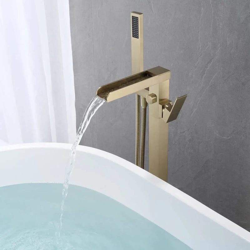 KEMAIDI Freestanding Bathtub Faucet Tub Filler High Flow Waterfall Bath Filler Brushed Gold Tub Faucets with Hand Shower Tap