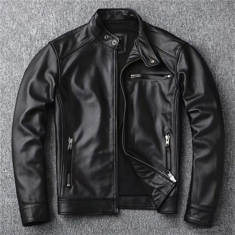 Genuine Cow Leather Men Jacket Short Stand Collar Biker Motorcycle Coat Fashion Slim Real Leather Casual Outerwear