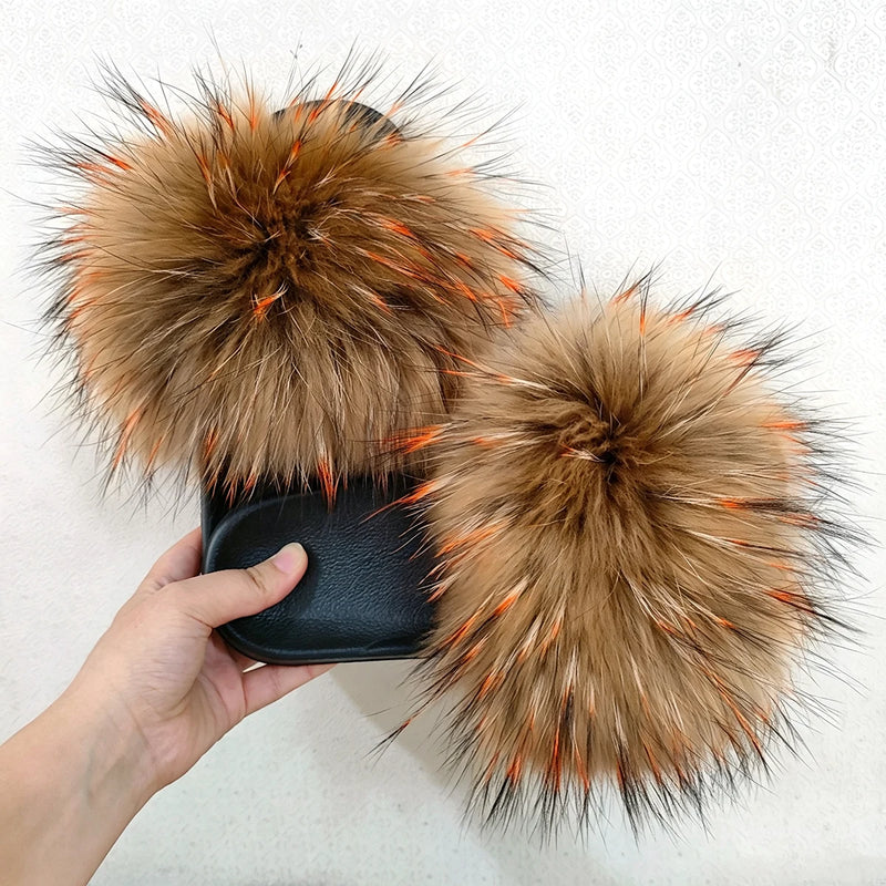 Women Real Raccoon Fur Slides Fluffy Luxury Furry Open Toe Slippers Indoor Outdoor Summer Sandals Non Slip Soft Comfy Sole Cozy