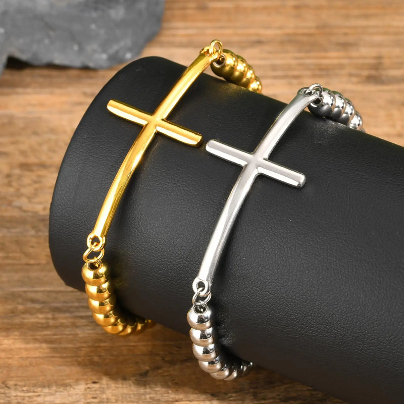 Vnox Simple Big Cross Bracelets with Glossy Stainless Steel Beads Adjustable Beaded Chain Men Religious - Visuel 5 | SAMAG
