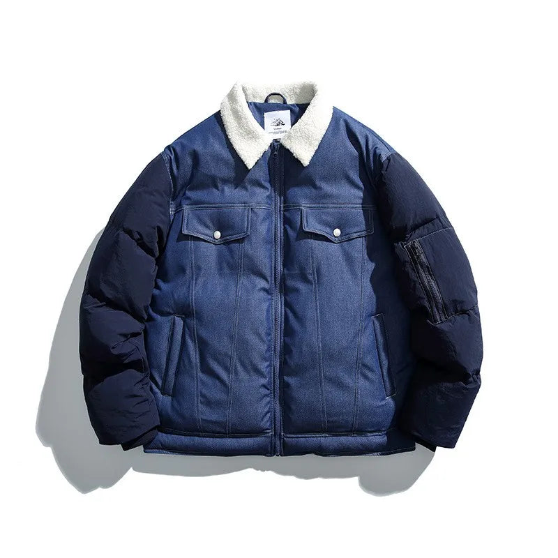 Denim Patchwork Oversized Men's Quilited Jackets, Y2k Lapel Mans Jacket, Streetwear Thermal Men's Jeans Coat