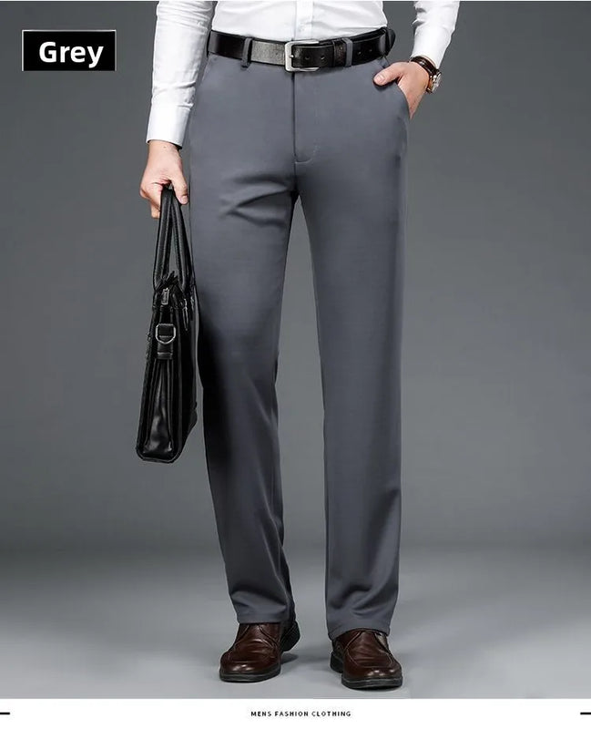 Winter Fleece Warm Business Formal Pants Men Classic Work Office Grey Elastic Waist Suit Thicked Thermal Trousers Plus