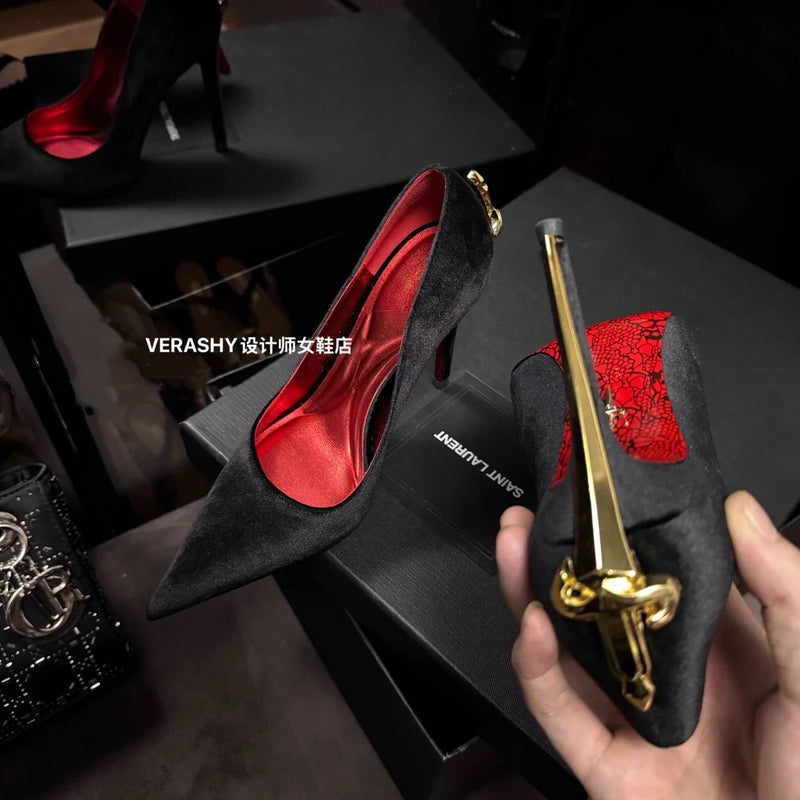 Red Bottom Metal Wand Sexy Sword Pointed Toe Thin Heel Evening Single High Heel Printed Bottom Comfortable Wear Ultra High Heels