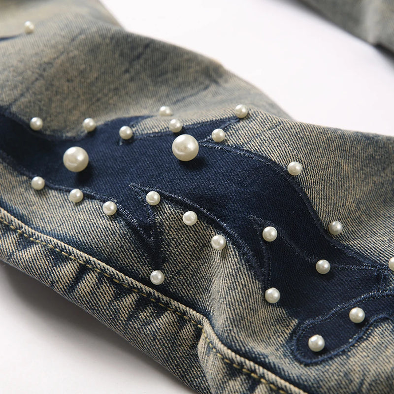 Men's Pearl Boot Cut Denim Jeans Embroidery Patch Slim | SAMAG