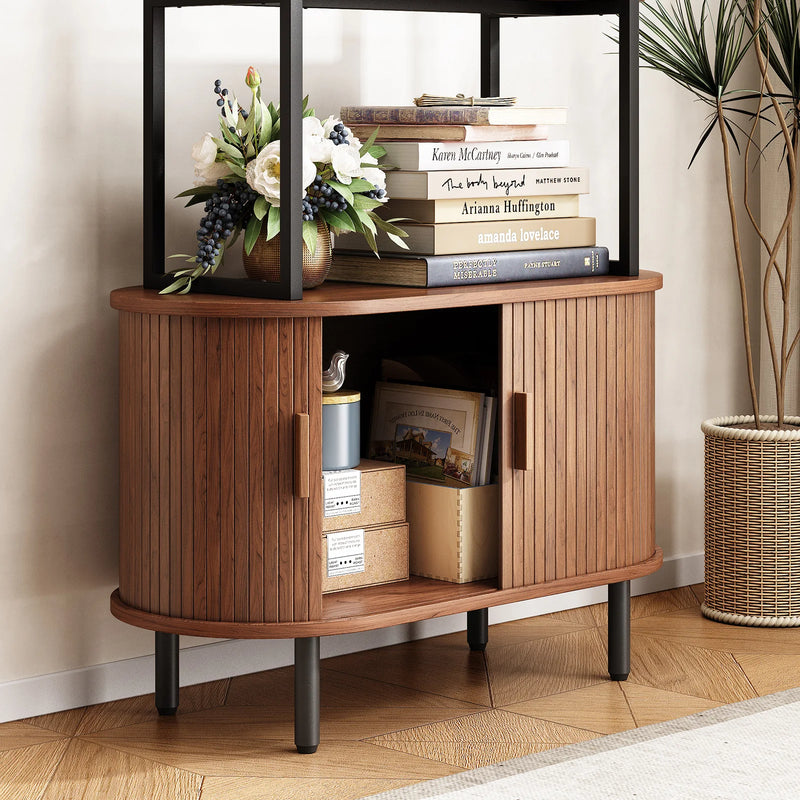 71" Tall Bookshelf,4-Tier Book Shelf with Storage Cabinet,Modern Bookcase with Sliding Door & Adjustable Footpad