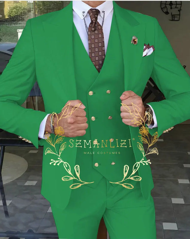Beige Business Suits For Men Tuxedos Gold Buttons Groom Groomsman Prom Wedding Party Formal 3 Pieces Sets - View 11 | SAMAG