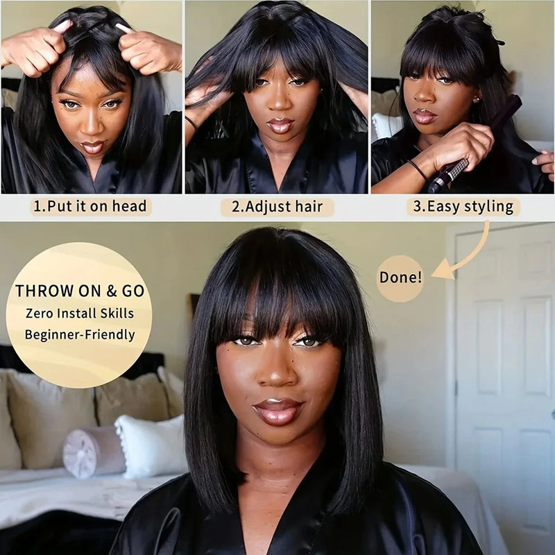 Real Scalp Bang Wig Straight Bob Wig With Bangs 3x1 Lace 100% Human Hair Short Ready-to-Wear Wig for Women Beginner Friendly