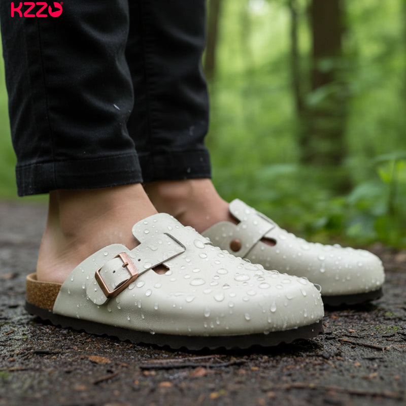 KZZO Waterproof Genuine Leather Mules for Women Non Slip Clog Shoes Outdoor Home Comfort Slip On Flat Adjustable Strap White