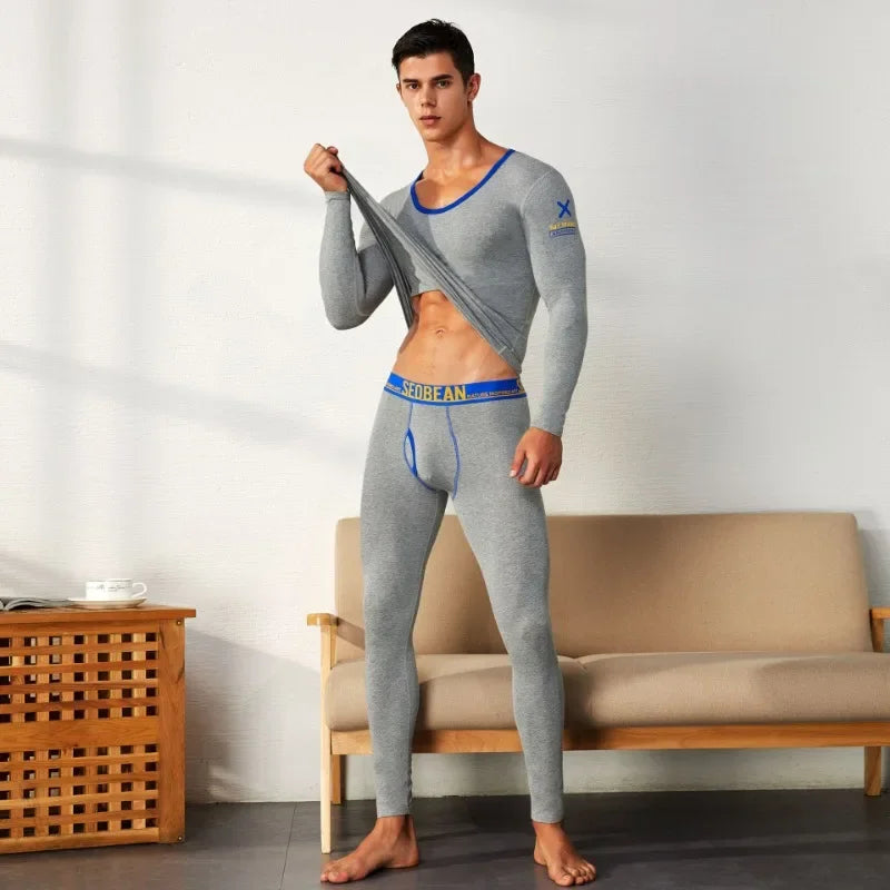 Men's thermal underwear set knitted cotton slim-fitting long johns men's underwear simple solid color XBT-81201