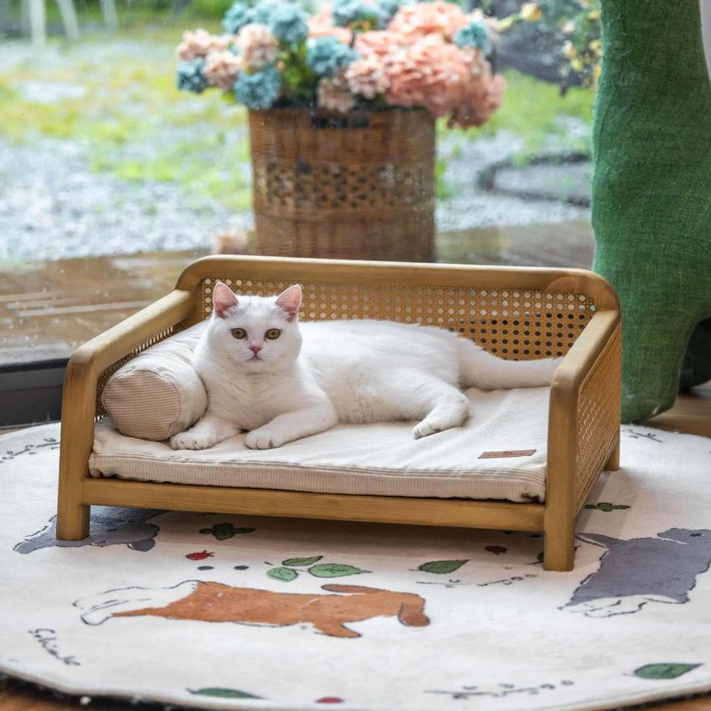 Double-Layer Wicker & Solid Wood Cat Bed for Cats and Small Dogs, Semi-Enclosed Large Cat Sofa, Indoor Pet Nest, Cat House