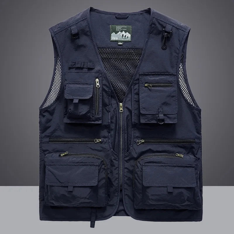 Men Work Vest 2025 Summer New Solid Colour Multi-pocket Casual Loose Waistcoat Fishing Photography Coat Man Sleeveless Jacket