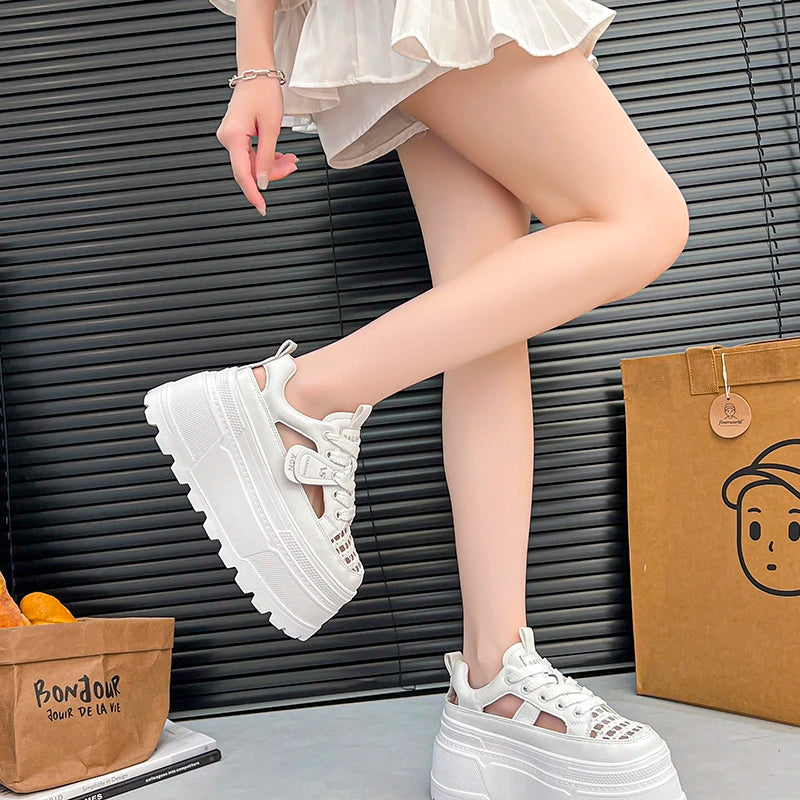 Women White Platform Sneakers Hollow Mesh Lace Up Height Increasing Casual Shoes Soft Thick Sole Daily Walking Sports Footwear