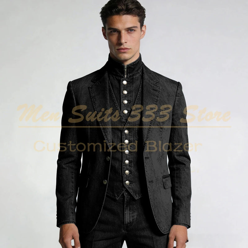 Tailor Made Men's Suits Denim Single Breasted Notch Lapel Slim Fit 3 Piece Jacket Pants Vest Full Sets Elegant Male Clothing