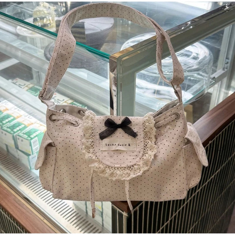 Korean Lace Polka Dot Shoulder Bag Cute Drawstring Flap Crossbody Handbag Retro Sweet Vintage Messenger Purse Daily Casual Hobo