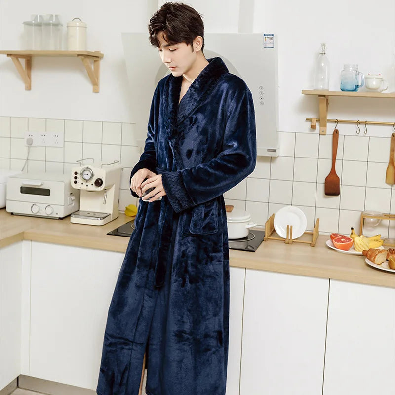 Couple Flannel Robe Winter Thick Warm Bathrobe Long Fleece Sleepwear Loungewear for Men and Women