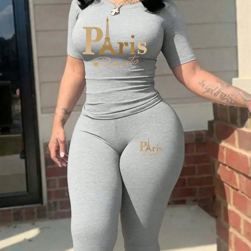 2026 Women's New Casual Spring/Summer Two Piece Set Round Neck Letter Printed Short Sleeve T-shirt and Letter Printed Pants Set