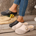 Ladies Hollow Mule Clogs Decorative Square Buckle Low Heel Slides Lightweight PU Non Slip Walking Casual Shoes for All Seasons