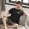 Men's Summer Pyjamas Set: Short-Sleeved Top and Shorts Youthful Student Style with Cartoon Stripes Summer Homewear Ensemble