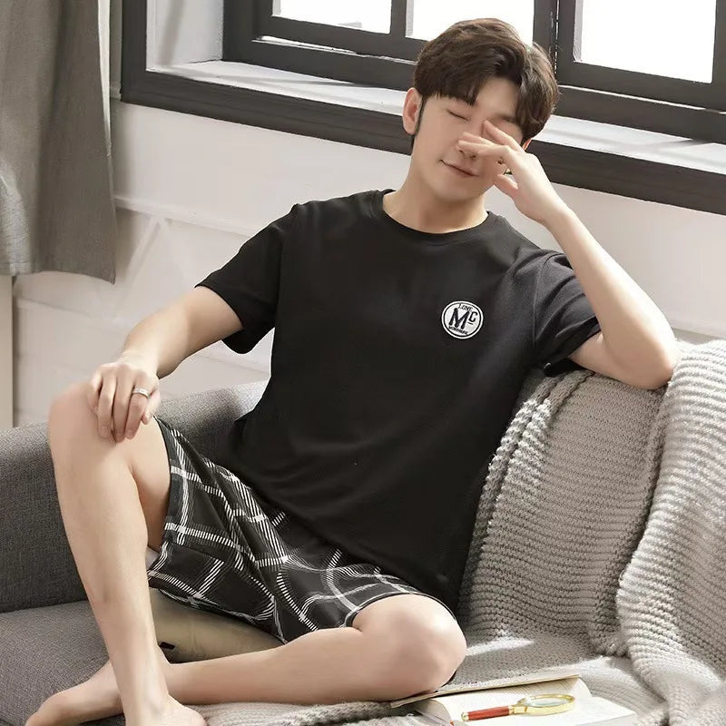 Men's Summer Pyjamas Set: Short-Sleeved Top and Shorts Youthful Student Style with Cartoon Stripes Summer Homewear Ensemble