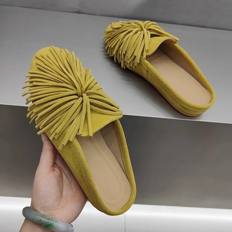 DIMANYU Women's Mules Shoes Genuine Leather 2026 New  Women Slippers Flat Tassel Closed-Toe Female Large Size Slippers Women 