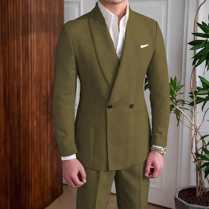 Men's Linen Suit 2-Piece Khaki Shawl Collar Double-Breasted Slim Fit Breathable Jacket and Pants Formal Set for Summer Business