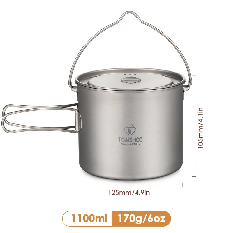 TOMSHOO Camping Cookware Titanium Pot 0.75L/0.9L/1.1L/1.6L/2L/2.8L Ultralight Hanging Pot w Lid Foldable Handle Outdoor Cooking