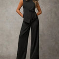 Women's Black Two Piece Set Sleeveless Round Neck Tie Asymmetric Hem Top Wide Leg Pants Set Spring Summer Office Elegant Outfit
