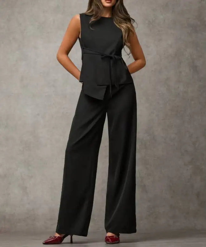 Women's Black Two Piece Set Sleeveless Round Neck Tie Asymmetric Hem Top Wide Leg Pants Set Spring Summer Office Elegant Outfit