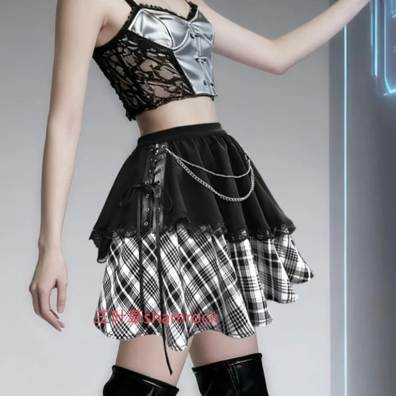 Summer Large Size New Irregular Punk Style Sexy Plaid Splicing Skirt Personalized Girl Subculture Lace Goth Style Short Skirt