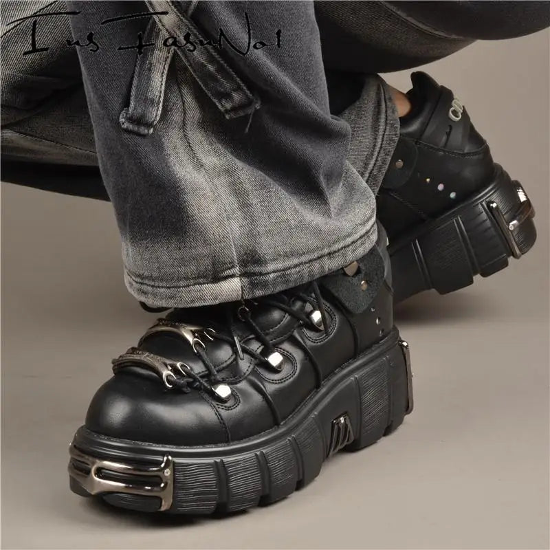 Casual Female Runway Shoes Platform Metal Toe Chunky Sneakers Women Gothic Punk Style Sneakers Rock Design Black Walking Shoes