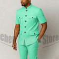 Men's Grey Mandarin Collar Suit Set Short Sleeves Multi-Pocket Jacket and Trousers Fashion Formal Smart Casual Wedding Suits