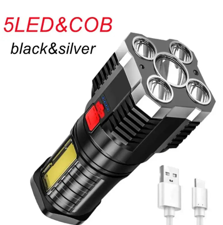 5LED High Power Led Flashlights Rechargeable Camping Spotlight with Side Light 3 Lighting Modes for Camping Adventure Outdoor