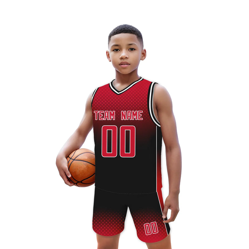 Custom Red Black Sports Basketball Training Uniforms Kids Boys Girls Basketball Jersey and Shorts Kit Printed Team Name Number