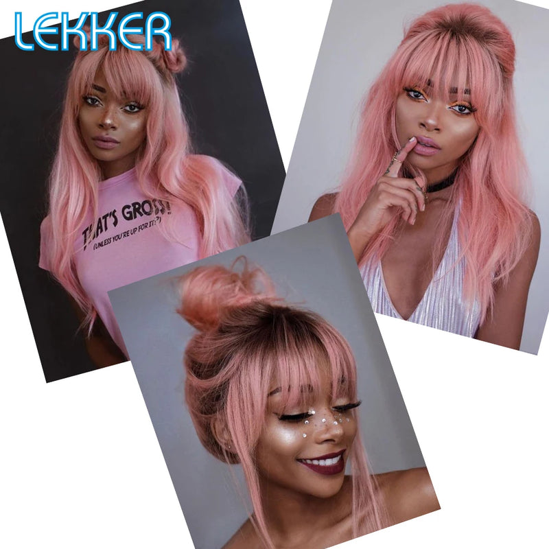 Lekker Rose Pink Bone Straight 100% Human Hair Wigs With Bangs For Women Brazilian Remy Hair Glueless Colored Long Wigs
