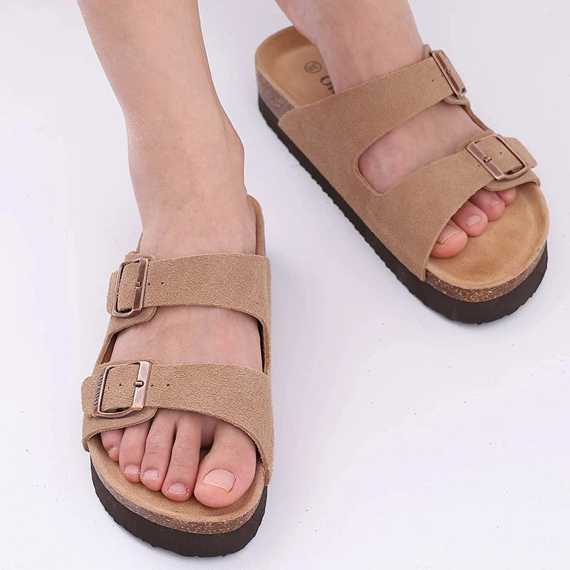 Litfun Cork Footbed Beach Sandals For Women Men Fashion Thick Sole Cork Slippers Summer Beach Shoe Classic Open Toe Flat Sandals