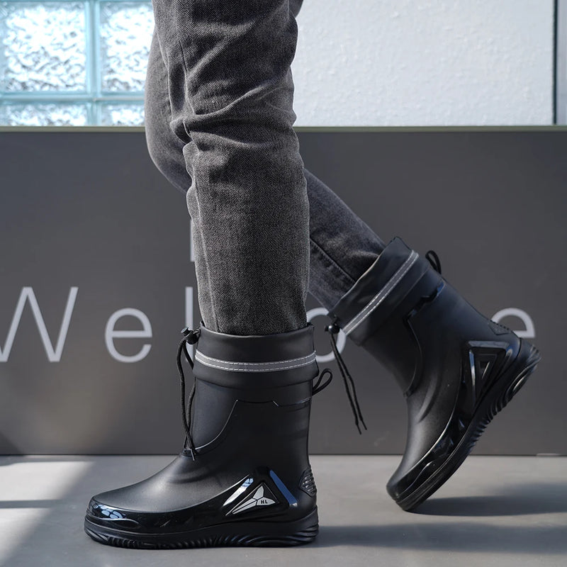 Outdoor work British style anti slip warm autumn and winter waterproof drawstring tied men's rain boots