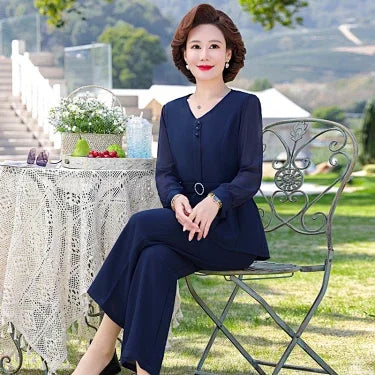 Women Spring Summer Two Piece Suit Middle Aged Mom V Neck Long Sleeve Top Slim Flared Pants Elegant Casual Outfit