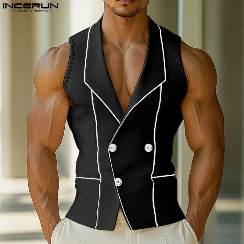 INCERUN Men Vests Printing Color-block Lapel Sleeveless Button Casual Male Waistcoats Streetwear 2025 Fashion Leisure Vests Men