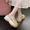 Summer Women Glitter Rhinestone Mesh Hollow Out Round Toe Platform Mules Slide Slippers Non Slip Casual Slippers Shoes for Women