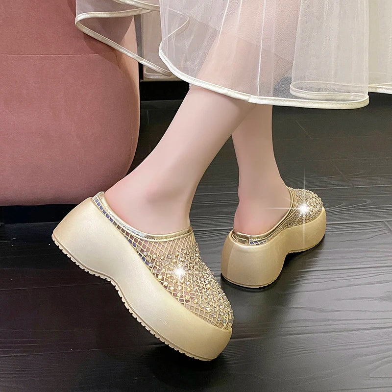 Summer Women Glitter Rhinestone Mesh Hollow Out Round Toe Platform Mules Slide Slippers Non Slip Casual Slippers Shoes for Women