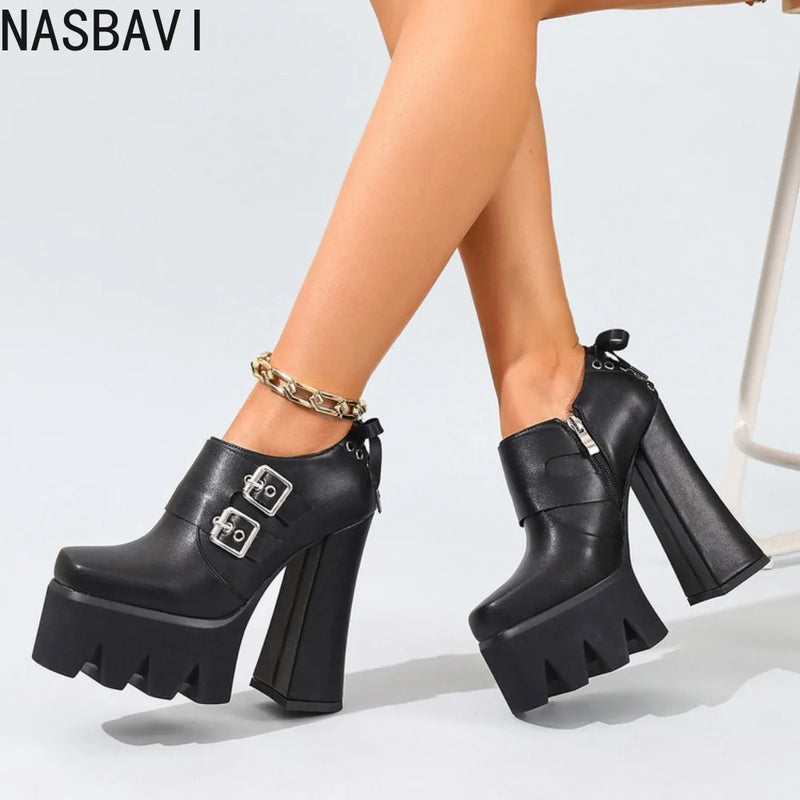 Fashion Spring Autumn Red Women's Shoes Thick Heels 14cm Platform Shallow Mouth Ladies Pumps Back Lace Up Mary Jane Shoes 34-43