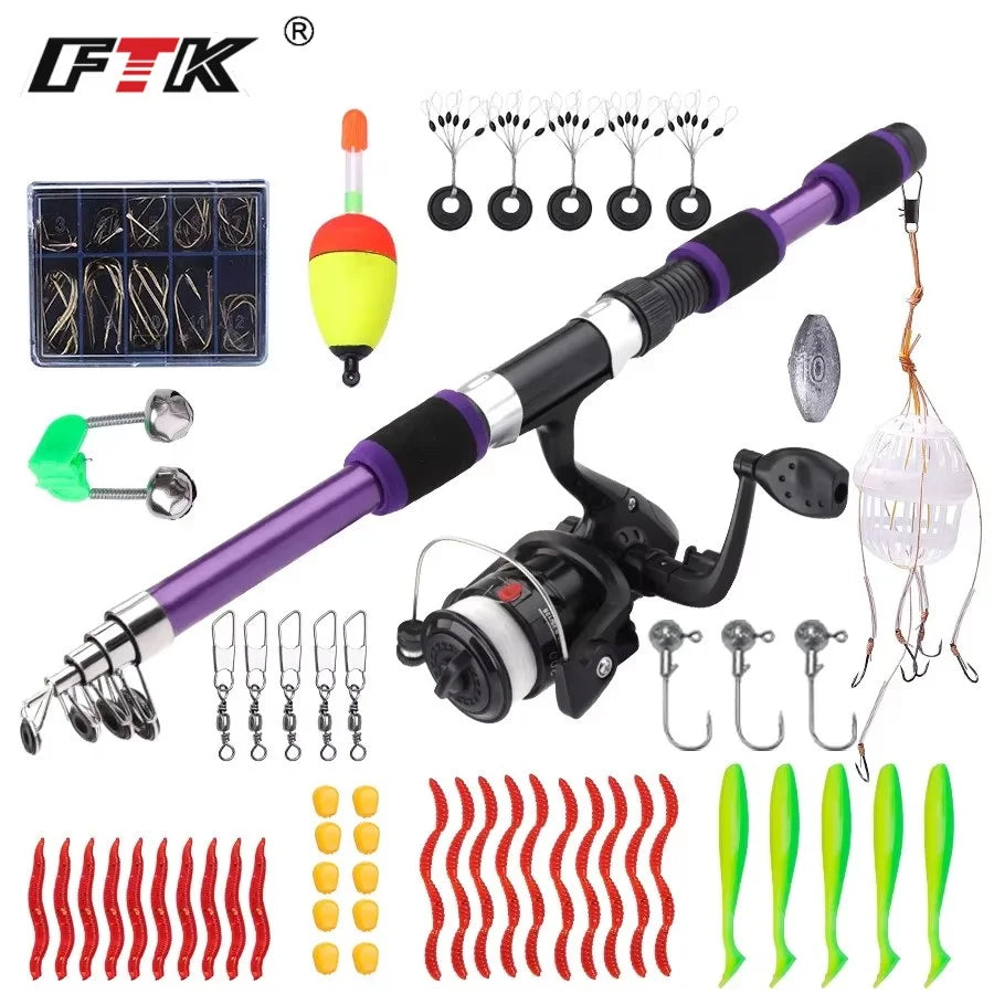 FTK 1.8M Portable Spinning Fishing Rod Reel Full Kits Carbon Fiber Carp Rod Wheel Travel Set Accessory