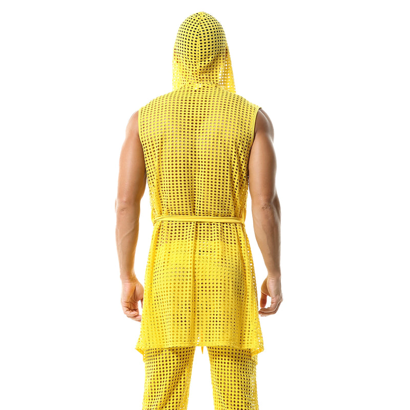 Men's Fishnet Hollow Out Robes Classic Lounge Pants Sexy Sleepwear Mens Robe Sets Daily Home Sleeveless Bathrobes Hooded Pajamas