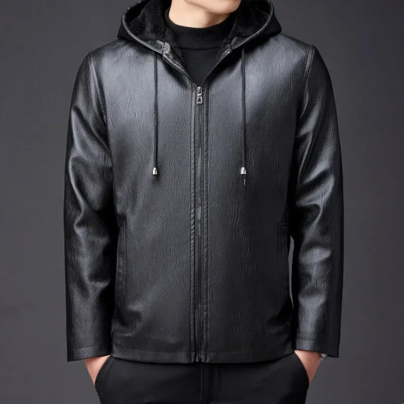 Winter High-end Men's Hooded Leather Jacket with Waterproof Windproof and Plush Insulation Men Clothing