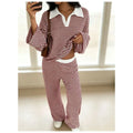 Autumn New Fashion Knitted Striped Lapel Long-sleeved Two-piece Set Slim + Casual High-waisted Wide-leg Pants 2 piece Set Female