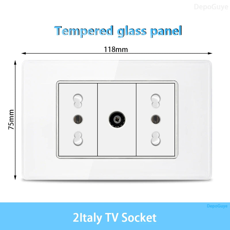 White Tempered Glass Italy USB Type C Smart Fast Charging Wall Socket Plugs Schuko Light Switch Panel Chile TV Sat Computer CAT6